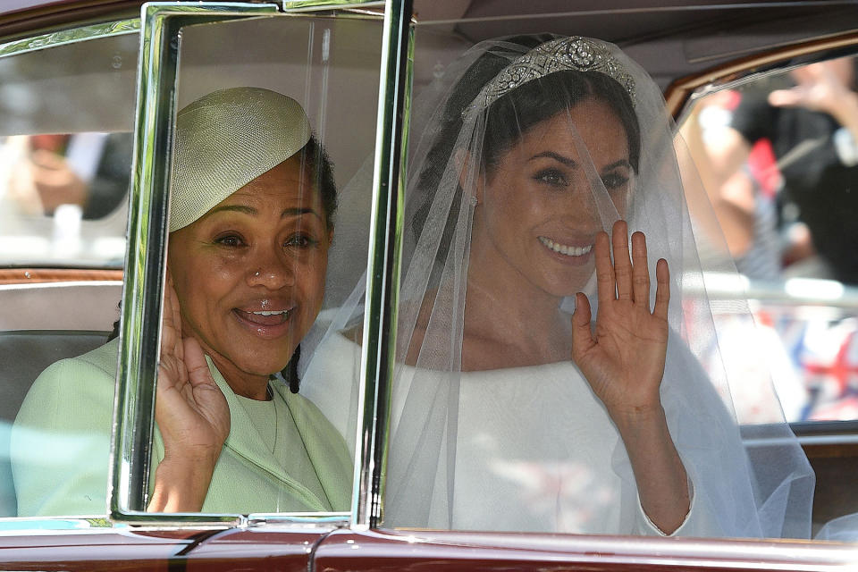 Meghan Markle and her mother Doria Ragland arrive for her wedding to Britain's Prince Harry, Duke of Sussex.