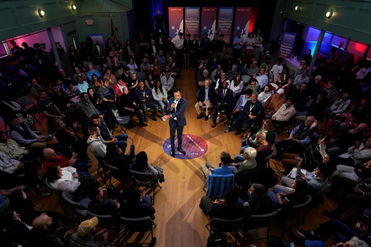 Republican presidential candidate Vivek Ramaswamy speaks during the Seacoast Media Group and USA TODAY Network 2024 Republican Presidential Candidate Town Hall Forum held in the historic Exeter Town Hall in Exeter, New Hampshire. The entrepreneur spoke to prospective New Hampshire voters about issues during the hour-long forum.