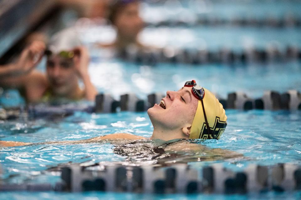 Autumn Sutherland of Lone Peak High School takes a breath after competing at the Utah 6A State Meet at the Stephen L. Richards Building in Provo on Saturday, Feb. 24, 2024. | Marielle Scott, Deseret News