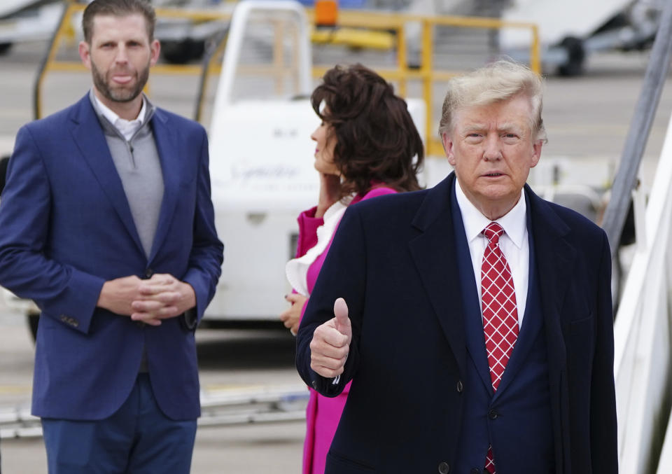 Former US president Donald Trump arrives at Aberdeen International Airport ahead of his visit to the Trump International Golf Links Aberdeen, in Dyce, Aberdeen, Scotland, Monday May 1, 2023. (Jane Barlow/PA via AP)