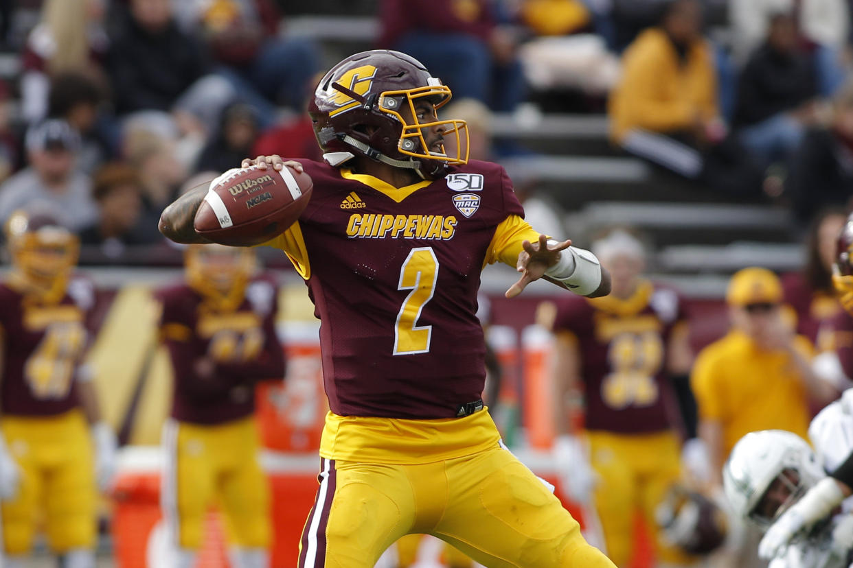 Central Michigan quarterback David Moore looks to throw against Eastern Michigan during an NCAA football game on Saturday, Oct. 5, 2019, in Mount Pleasant, Mich. (AP Photo/Al Goldis)