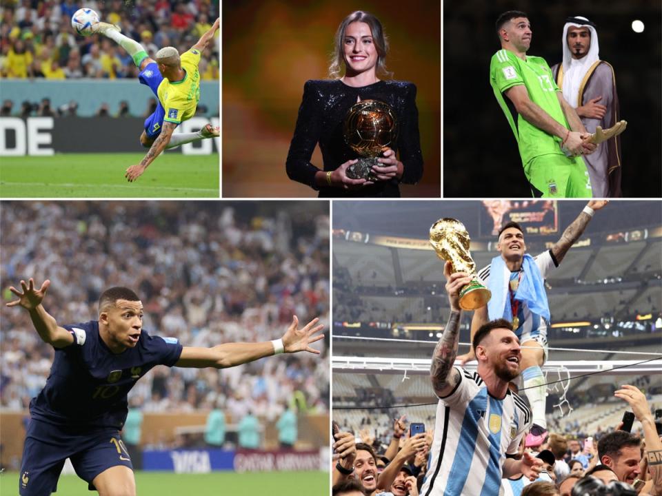 Clockwise from top left: Richarlison, Alexia Putellas, Emi Martinez, Lionel Messi and Kylian Mbappe (Getty Images)