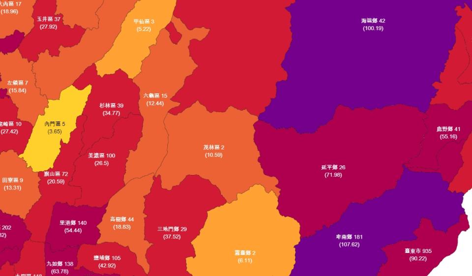 今日的資料顯示茂林區已有兩名確診者。（圖／翻攝自台灣Covid-19本土病例地圖官網）