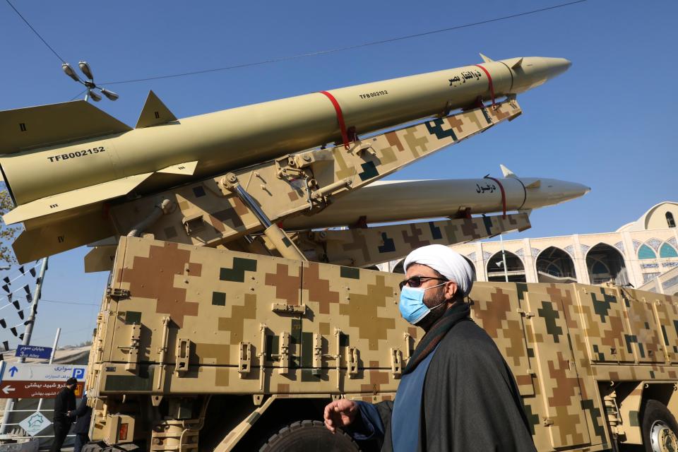 A Zolfaghar missile displayed in Tehran in January 2022 (Associated Press)