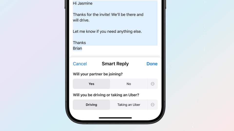 Smart replies powered by Apple Intelligence in Mail on an iPhone