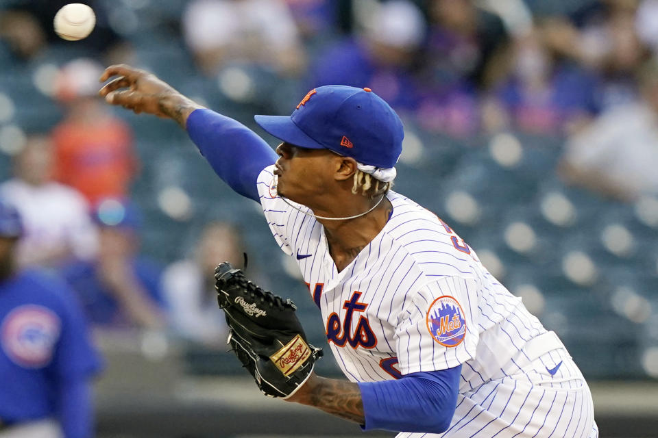 New York Mets starting pitcher Marcus Stroman delivers during the first inning of the team's baseball game against the Chicago Cubs, Thursday, June 17, 2021, in New York. (AP Photo/Kathy Willens)