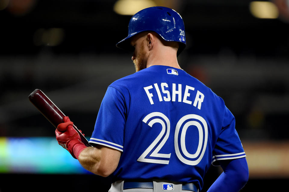 BALTIMORE, MD - AUGUST 02: Derek Fisher #20 of the Toronto Blue Jays at bat during the game against the Baltimore Orioles at Oriole Park at Camden Yards on August 2, 2019 in Baltimore, Maryland. (Photo by Will Newton/Getty Images)