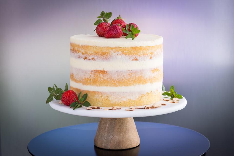 Hallmark's Honey Almond Cake with Berries and Mascarpone Crème Fraiche