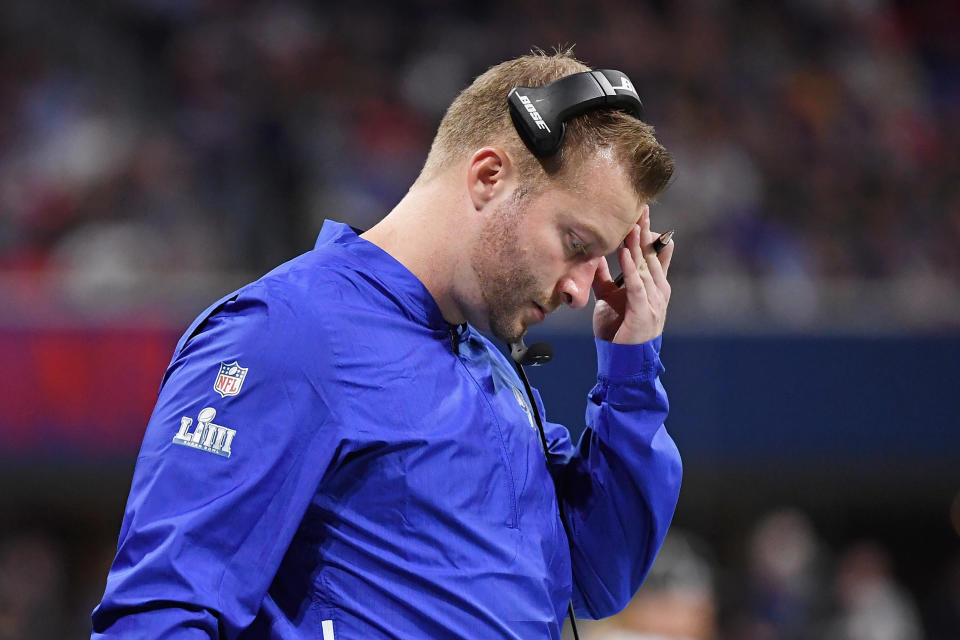Sean McVay’s Rams looked nothing like their juggernaut selves in Sunday’s Super Bowl loss. (Getty)