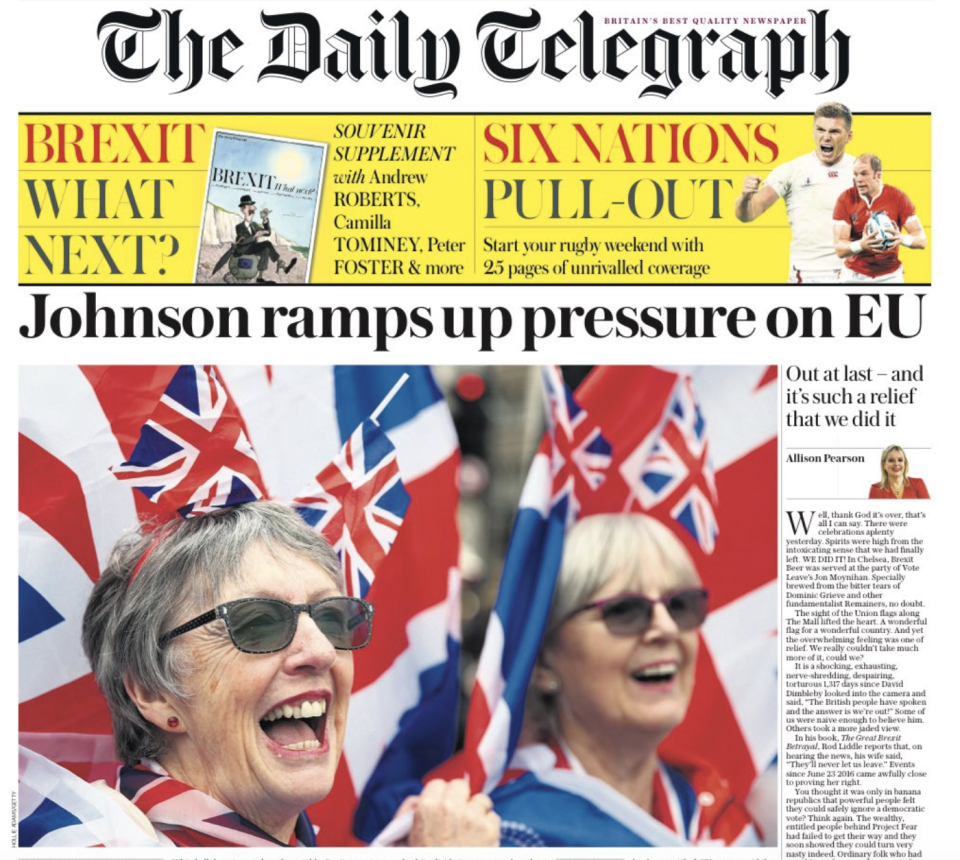 The Telegraphs says the Prime Minister is turning up the pressure on the EU - with a photo of jubilant people in front of union flags.