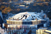 <p>The Georgia Dome is destroyed in a scheduled implosion Monday, Nov. 20, 2017, in Atlanta. The dome was not only the former home of the Atlanta Falcons but also the site of two Super Bowls, 1996 Olympics Games events and NCAA basketball tournaments among other major events. (AP Photo/Mike Stewart) </p>