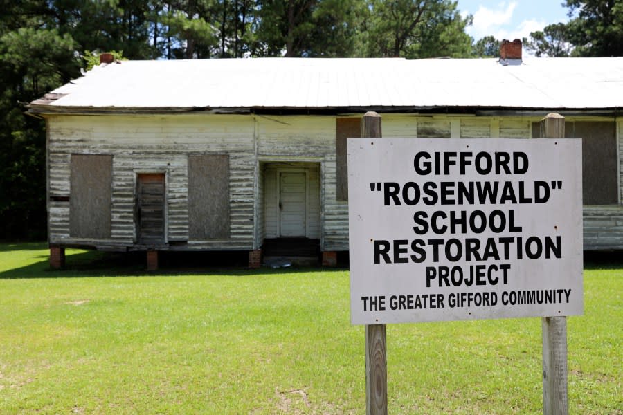 An old Rosenwald School in Gifford, S.C., is shown on Tuesday, July 11, 2023. Jewish businessman Julius Rosenwald donated money to help build 5,000 schools for Black students across the American South a century ago. (AP Photo/Jeffrey Collins)