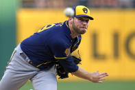 Milwaukee Brewers starting pitcher Corbin Burnes delivers during the second inning of a baseball game against the Pittsburgh Pirates in Pittsburgh, Monday, Sept. 4, 2023. (AP Photo/Gene J. Puskar)