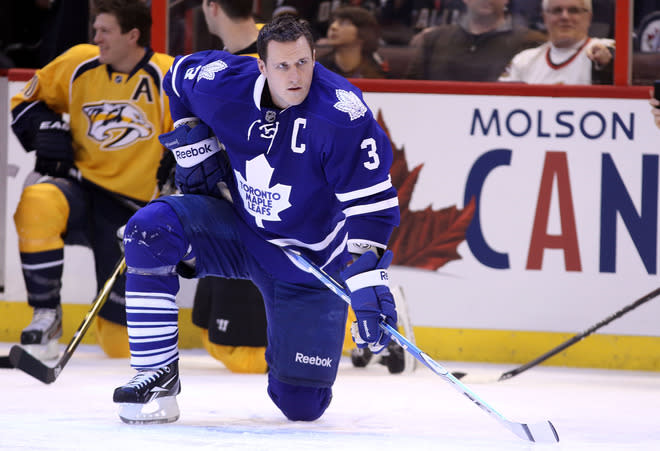 OTTAWA, ON - JANUARY 28: Dion Phaneuf #3 of the Toronto Maple Leafs and team Chara kneels on the ice during the 2012 Molson Canadian NHL All-Star Skills Competition at Scotiabank Place on January 28, 2012 in Ottawa, Ontario, Canada. (Photo by Christian Petersen/Getty Images)