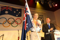 LONDON, ENGLAND - JULY 26: Basketballer Lauren Jackson speaks after being announced as the Australian flag bearer at the Australian Olympic Council 2012 Olympic Games team flag bearer announcement at the Stratford Westfield Southern Lounge on July 26, 2012 in London, England. (Photo by Quinn Rooney/Getty Images)