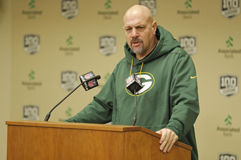 FILE - In this Feb. 18, 2019, file photo, Green Bay Packers' defensive coordinator Mike Pettine addresses the media during a news conference in Green Bay, Wisc. Pettine and special teams coordinator Shawn Mennenga have been fired after the team’s second straight NFC championship game loss. Packers coach Matt LaFleur made the announcement Friday, Jan. 29, 2021. (AP Photo/Matt Ludtke, File)