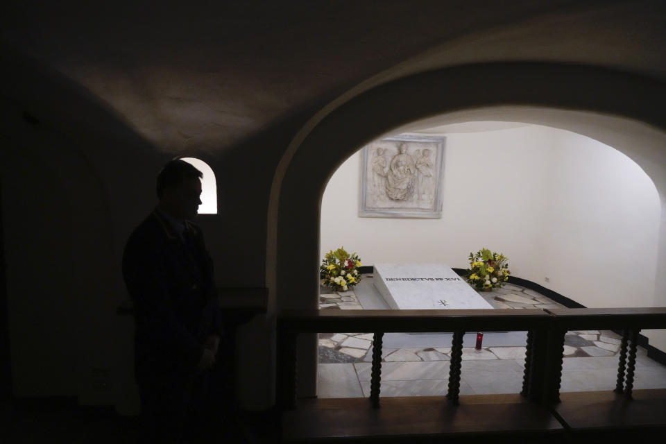 The tomb of late Pope Emeritus Benedict XVI inside the grottos of St. Peter's Basilica, at the Vatican, Sunday, Jan. 8, 2023. Benedict died at 95 on Dec. 31 in the monastery on the Vatican grounds where he had spent nearly all of his decade in retirement, his days mainly devoted to prayer and reflection. (AP Photo/Gregorio Borgia)
