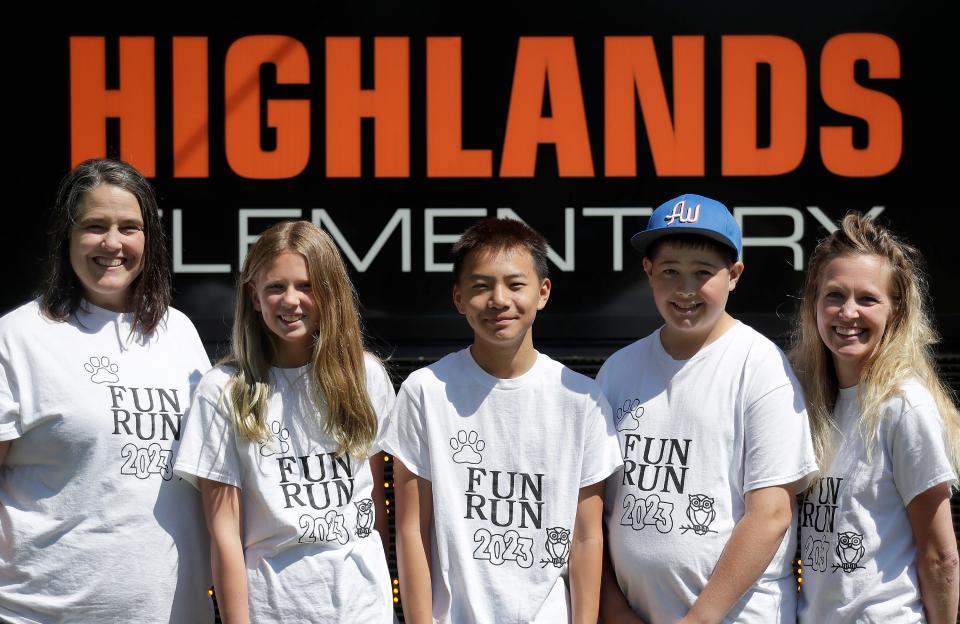 PTO Secretary and teacher Dana Coenen, left, Norah Mocco, Ethan Xiong, Cooper Coenen and principal Kari Krueger, right, part of the team that helped raise money to help build an inclusive and accessible playground for students of all abilities at Highlands Elementary and Odyssey Magnet School on Thursday, May 25, 2023 in Appleton, Wis. Students held an “All Kids Can Play” Fun Run with a goal of raise $10,000. They raised $8000 in addition to a $10,000 donation from John Schuessler Wm. Glasheen USA TODAY NETWORK-Wisconsin