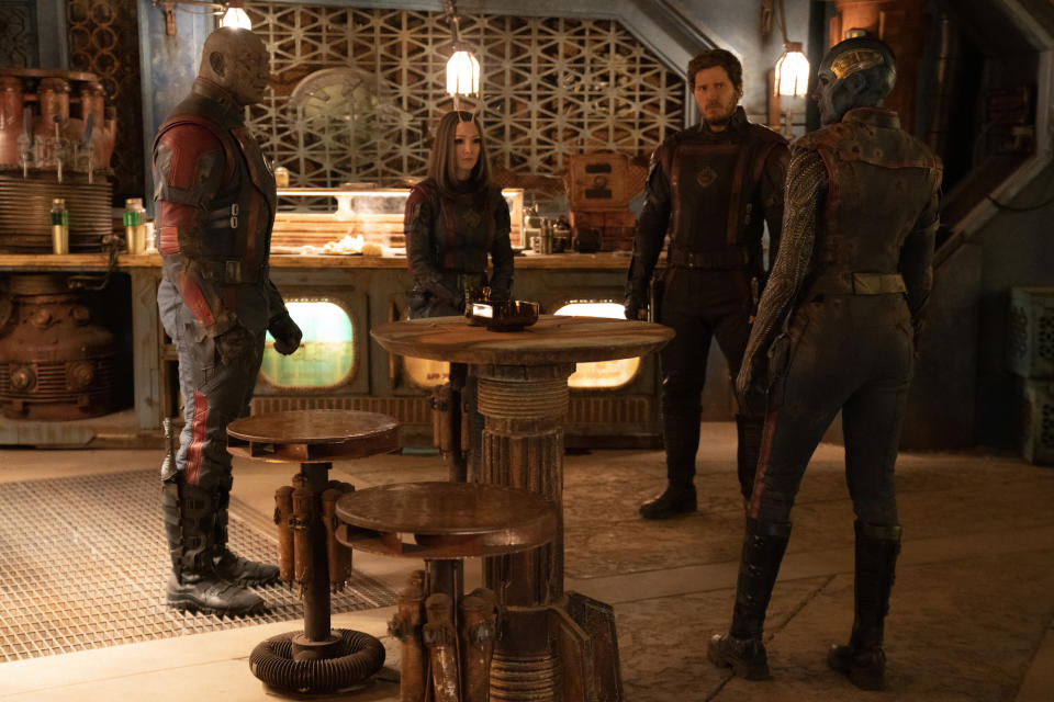 Dave Bautista as Drax, Pom Klementieff as Mantis, Chris Pratt as Peter Quill/Star-Lord, and Karen Gillan as Nebula in Guardians of the Galaxy Vol. 3. (Still: Marvel Studios)