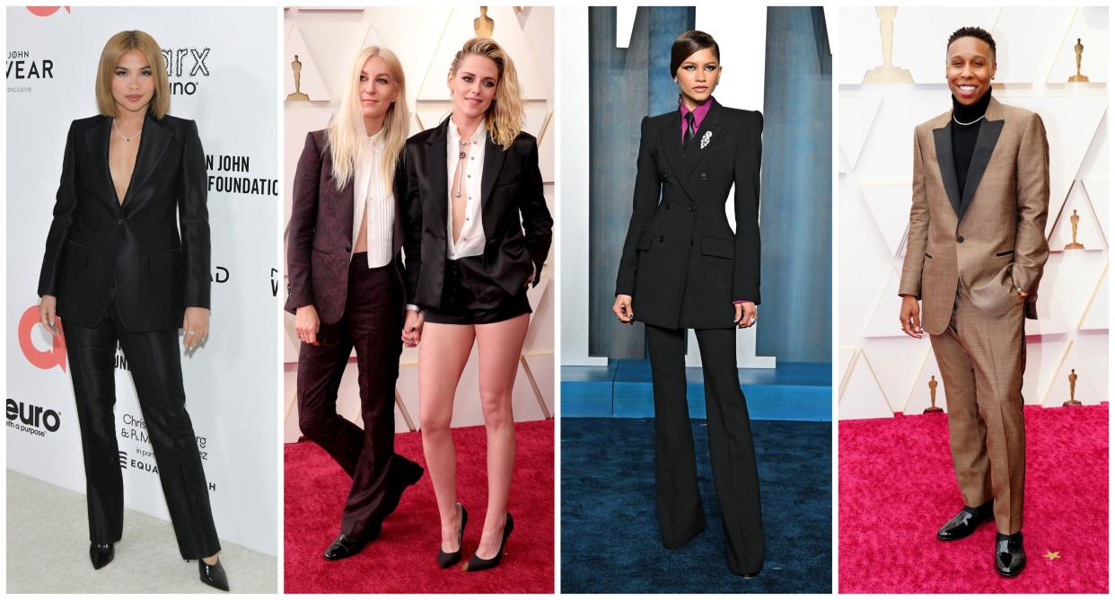 Collage of Hayley Kiyoko, Dylan Meyer, Kristen Stewart, Zendaya, and Lena Waithe at 2022 Oscars events