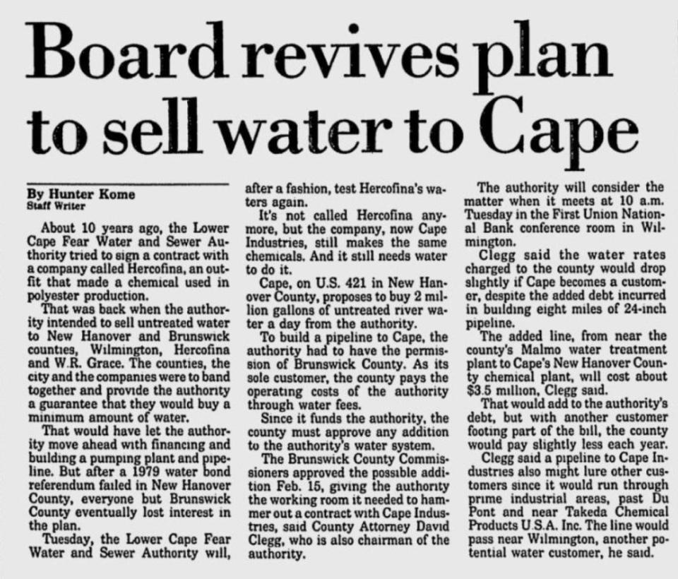 An article published in the Morning Star on Feb. 29, 1988, discusses the revival of plans for the Lower Cape Fear Water and Sewer Authority to sell untreated river water to Cape Industries, a manufacturing company.
