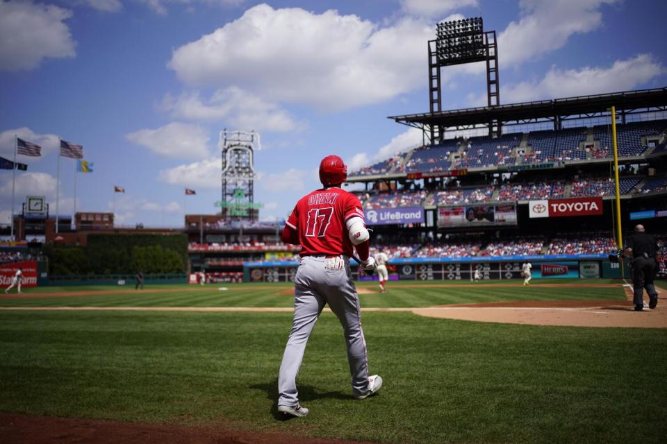 Shohei Ohtani walks to the plate during a game against the Phillies on Aug. 30.