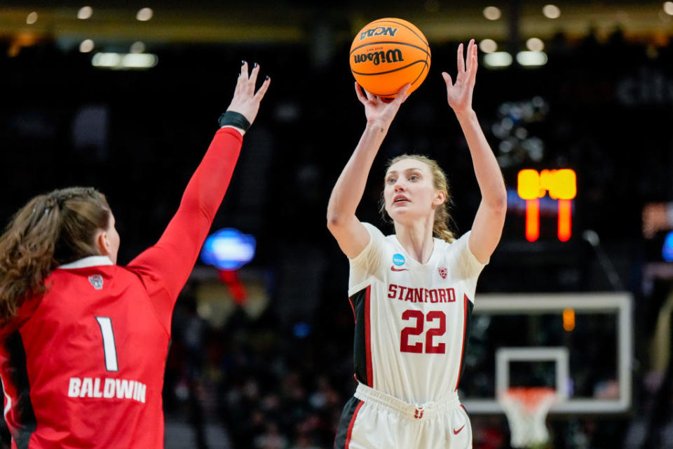 Cameron Brink #22 of the Stanford Cardinal shoots over River Baldwin #1 of the NC State Wolfpack during the second half in the Sweet 16 round of the NCAA Women's Basketball Tournament at Moda Center on March 29, 2024 in Portland, Oregon.