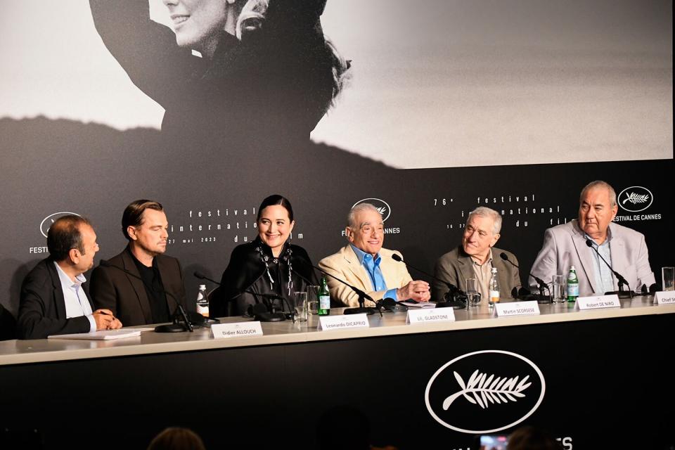 CANNES, FRANCE - MAY 21: (L-R) Didier Allouch, Leonardo DiCaprio, Lily Gladstone, Director Martin Scorsese, Robert De Niro and Chief Standing Bear attend the "Killers of the Flower Moon" press conference at the 76th annual Cannes film festival at Palais des Festivals on May 21, 2023 in Cannes, France. (Photo by Stephane Cardinale - Corbis/Corbis via Getty Images)