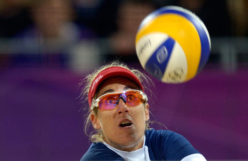 April Ross from the US eyes the ball during the women's beach volleyball preliminary phase Pool D match against Argentina's Ana Gallay and Maria Virginia Zonta on The Centre Court Stadium in Horse Guards Parade on London on July 29, 2012, for the London 2012 Olympic Games. The US won 2-0. AFP PHOTO / DANIEL GARCIADANIEL GARCIA/AFP/GettyImages