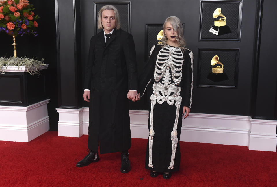 Jackson Bridgers, left, and Phoebe Bridgers arrive at the 63rd annual Grammy Awards at the Los Angeles Convention Center on Sunday, March 14, 2021. (Photo by Jordan Strauss/Invision/AP)