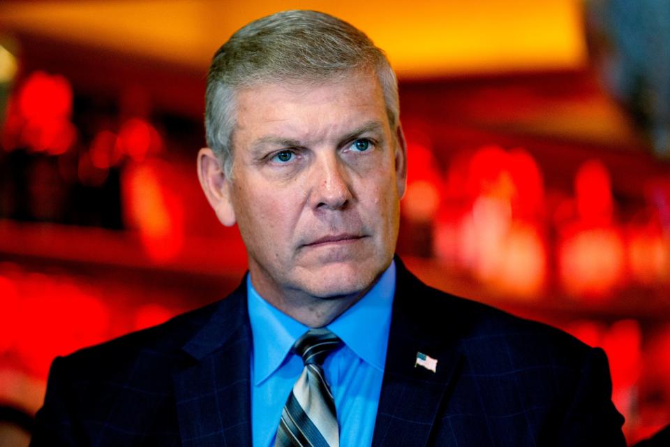 Rep. Barry Loudermilk, R-Ga., listens to a speaker at a press conference, May 4, 2021, in Marietta, Georgia. Loudermilk is the latest GOP lawmaker to be asked to cooperate with the House select committee probing the violence that took place on Jan. 6, 2021.