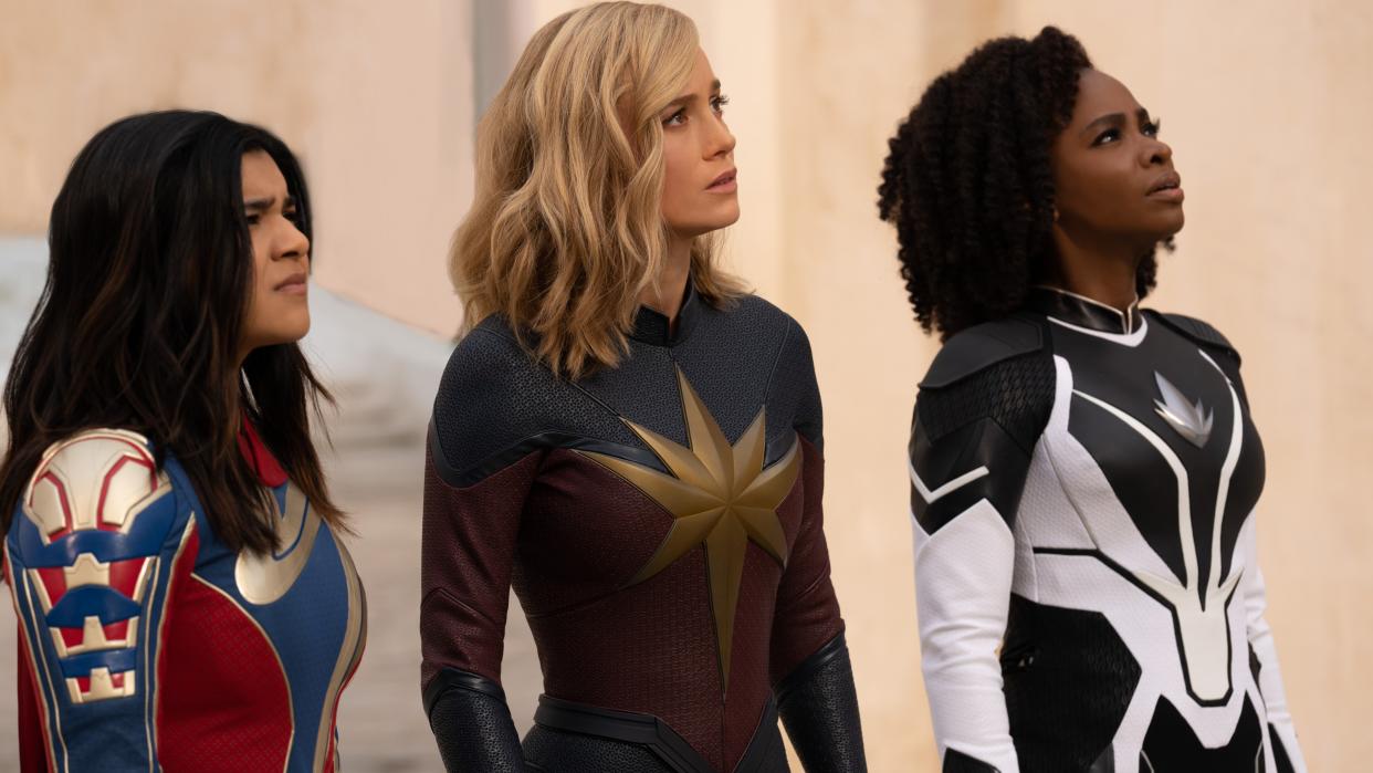  Iman Vellani, Brie Larson and Teyonah Parris in 'The Marvels'. 