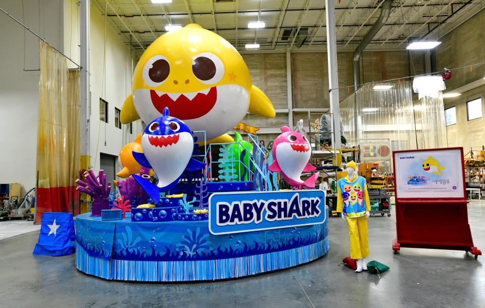 Pinkfong Baby Shark float is seen during 96th Macy's Thanksgiving Day Parade - Studio Day at Macy's Parade Studio on November 15, 2022 in Moonachie, New Jersey.