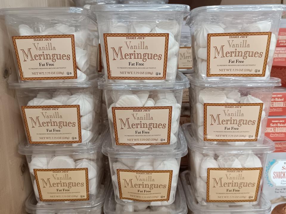 stack of clear packages of vanilla meringues at Trader Joe's