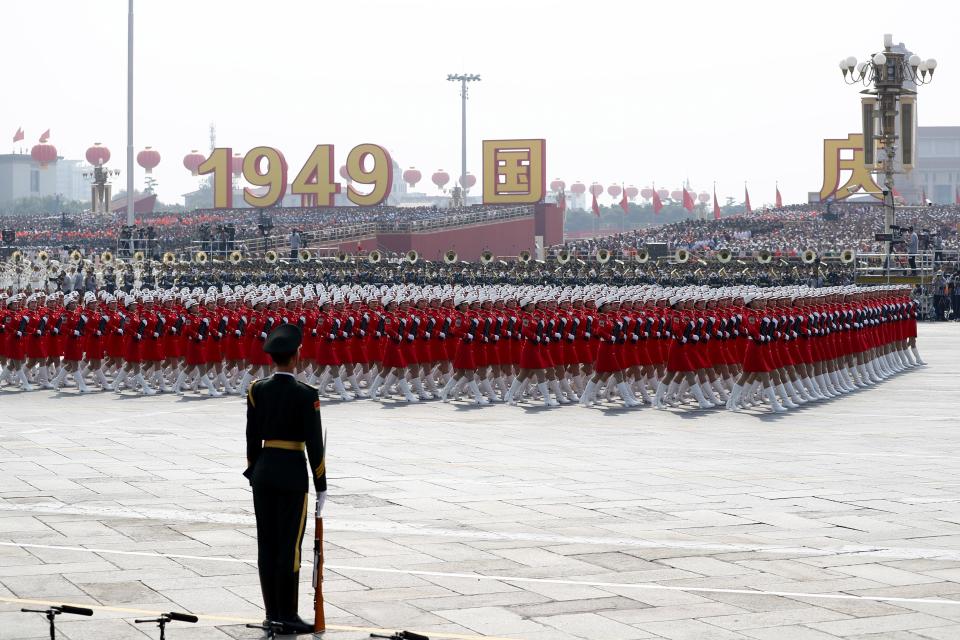 BEIJING, CHINA - OCTOBER 01: A women militia formation marches during a parade to celebrate the 70th anniversary of the founding of the People's Republic of China at Tiananmen Square on October 1, 2019 in Beijing, China. (Photo by Fu Tian/China News Service/VCG via Getty Images)