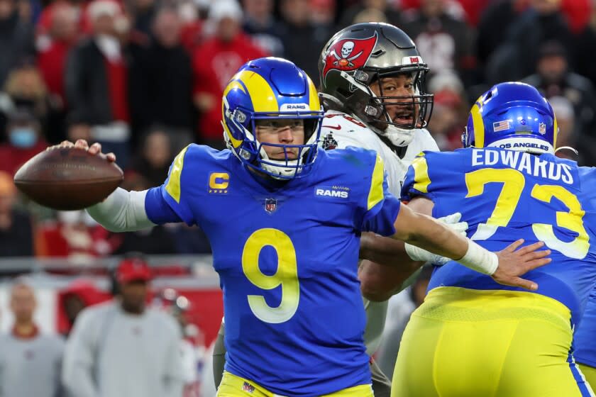 Tampa, Florida, Sunday, January 23, 2022 - Los Angeles Rams quarterback Matthew Stafford (9) moves.