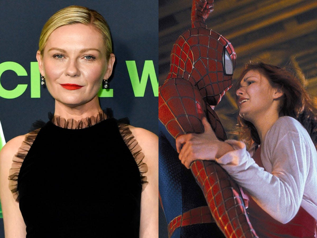 Kirsten Dunst at a "Civil War" screening at the Academy Museum of Motion Pictures and as Mary Jane Watson in "Spider-Man."