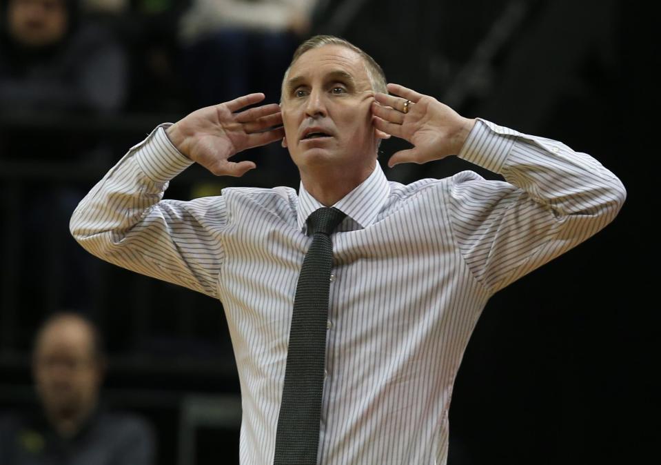 Arizona State coach Bobby Hurley signals to his team during the first half against Oregon at Matthew Knight Arena Thursday, Jan. 25, 2024.