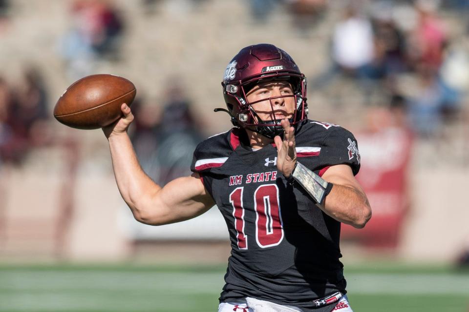 NMSU quarterback Diego Pavia throws a pass during a NMSU football game on Saturday, Nov. 12, 2022, at the Aggie Memorial Stadium.  