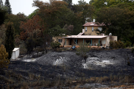 A house and its surroundings damaged by wildfires are seen at kibbutz Harel during a record heatwave, in Israel May 24, 2019. REUTERS/Ronen Zvulun