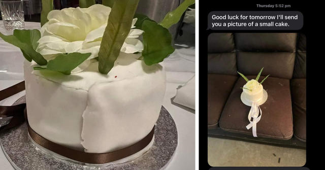 L: Ugly wedding cake R: Text to a bride with a photo of a wedding cake