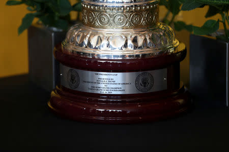 The President's Cup trophy, which will be awarded at the Japan's Sumo championships attended by U.S. President Donald Trump, is pictured at the Palace Hotel in Tokyo, Japan, May 26, 2019. REUTERS/Athit Perawongmetha