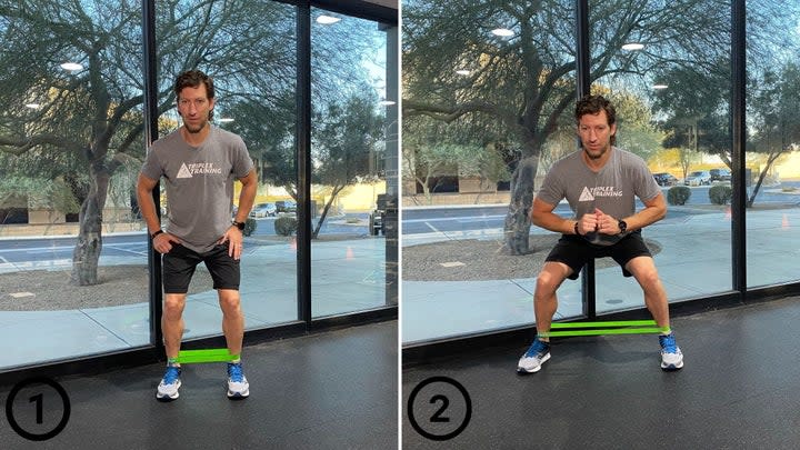 In/out squat: With the resistance band around your ankles and starting in an athletic stance (slight squat) you will reach laterally with the right leg while you drop in to a deeper squat.