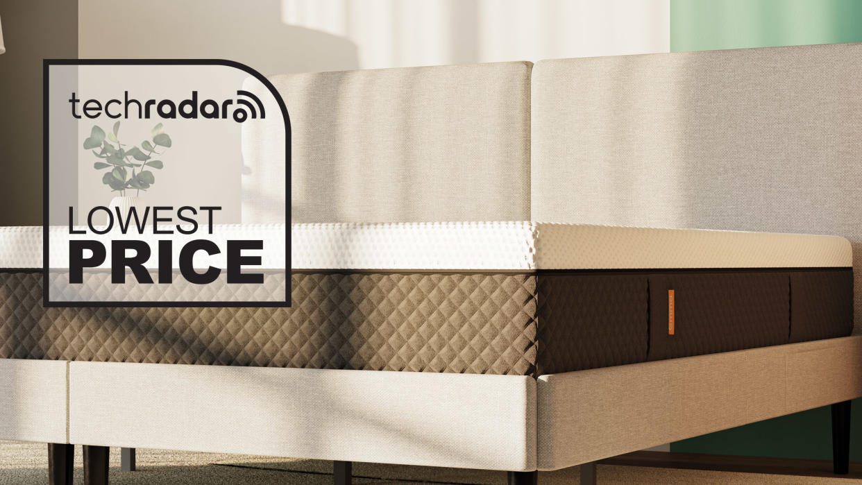  The Emma NextGen Premium mattress on a bed, with a badge saying "LOWEST PRICE". 