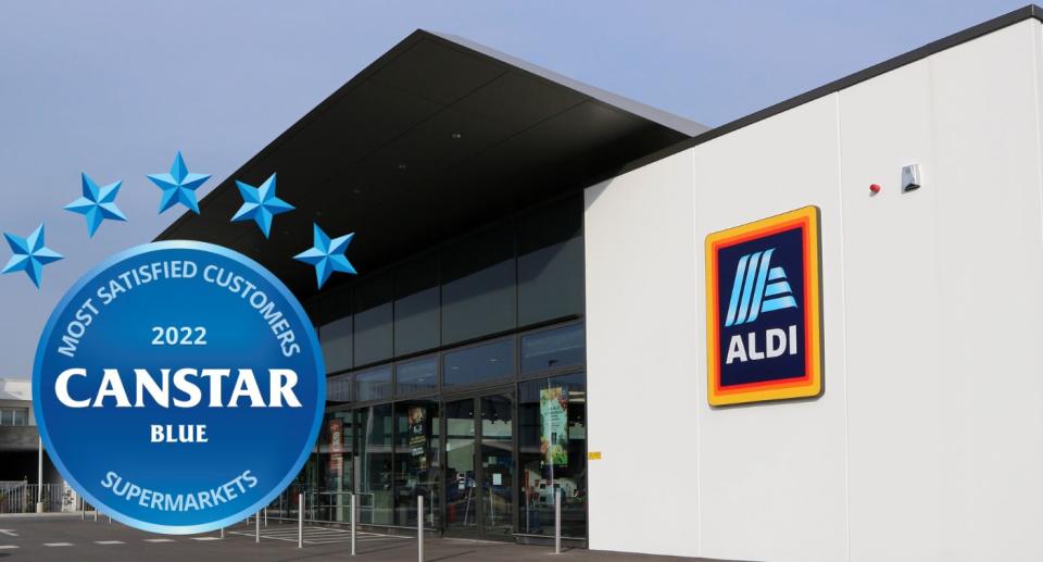 Exterior view of Aldi supermarket with Canstar Blue award