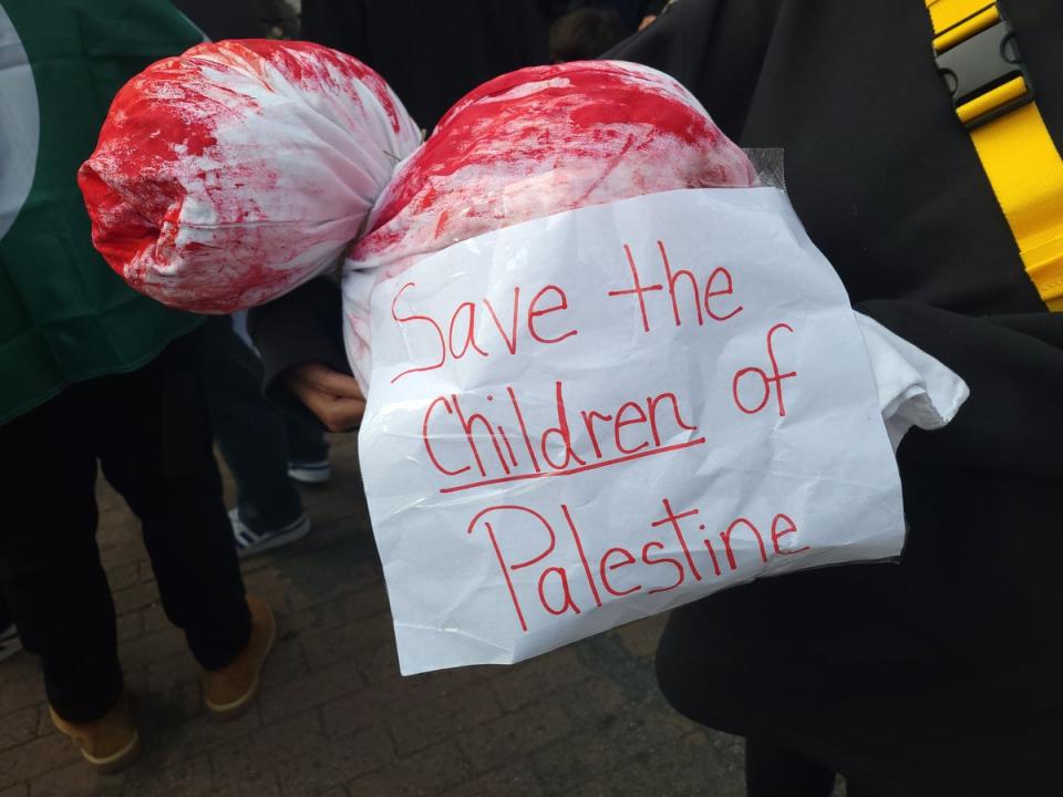 A woman carries an object meant to depict the bloody corpse of a child at DC’s March for Palestine on Saturday (John Bowden)