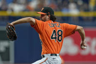 Baltimore Orioles pitcher Jorge Lopez delivers to the Tampa Bay Rays during the first inning of a baseball game Saturday, June 12, 2021, in St. Petersburg, Fla. (AP Photo/Chris O'Meara)