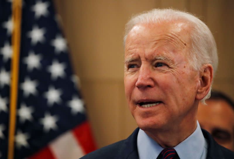 Democratic U.S. presidential candidate and former Vice President Joe Biden reacts during a campaign stop in Los Angeles