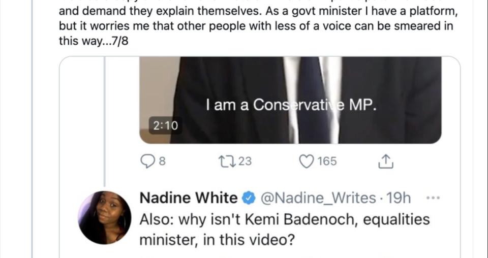 Screenshot of tweets sent by Kemi Badenoch and Nadine White (Screenshot)