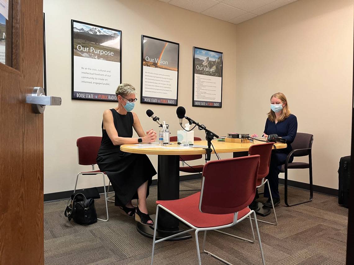 Boise State University President Marlene Tromp prepares to talk with a StoryCorps facilitator for the first conversation of StoryCorps’ time in Boise.